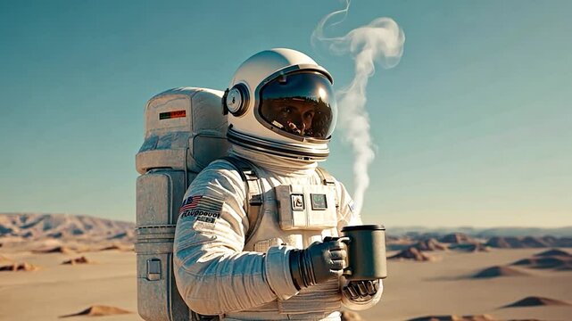 Astronaut drinks coffee on a desert planet