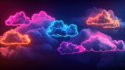 Neon Dreamscape: A Vibrant Cloudscape of Glowing Celestial Forms at Twilight