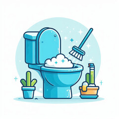 Light-blue toilet being cleaned with a brush and soap suds.