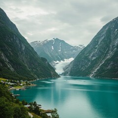 Fototapeta premium Serene Fjord Landscape with Glacier and Mountains