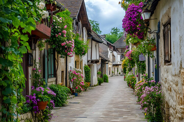 Fototapeta premium Picturesque village street with stone buildings and vibrant flowers on a cloudy day.