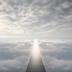 Wooden bridge spans a cloud-filled sky