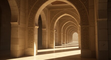Fototapeta premium Sunlit Stone Archway Corridor Interior