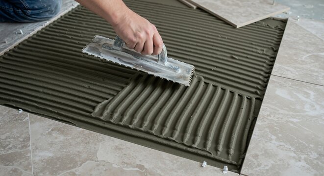 Close-up of a worker's hand applying adhesive mortar to a floor using a notched trowel before laying ceramic tiles during a home renovation project.