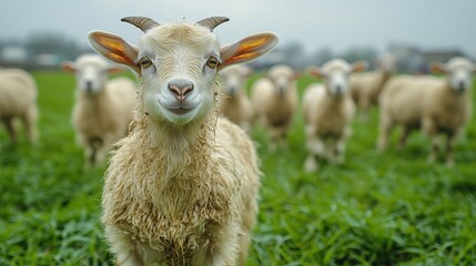 Naklejka premium A curious goat with small horns stares intently at the viewer in a green grassy field scene.