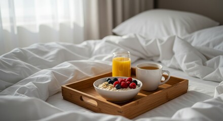 Morning indulgence: Delicious breakfast on a tray in a cozy white bed setting