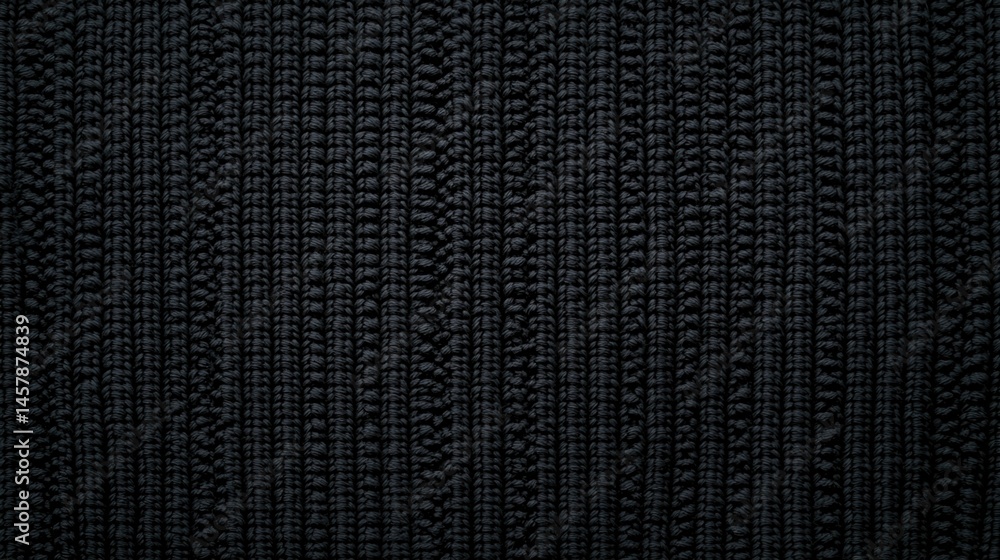 Poster a close-up view of a dark, ribbed knitted fabric texture, showing vertical lines and intricate woven