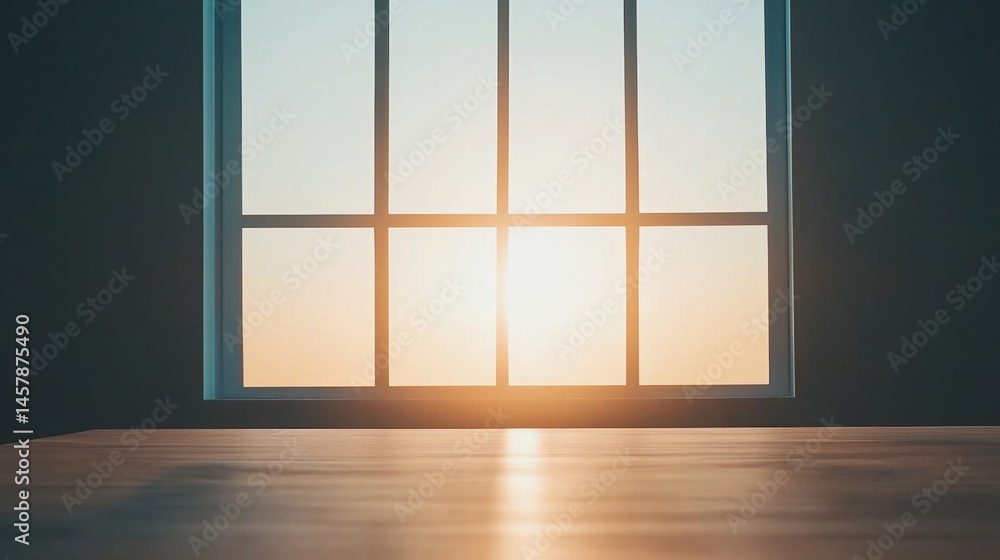 Poster sunlight streams through a large window, casting a warm glow on an empty wooden surface inside a qui