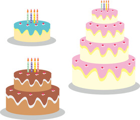 Vector illustration of small, medium and large birthday cakes, cheese cakes, tarts, delicious cream layer cakes