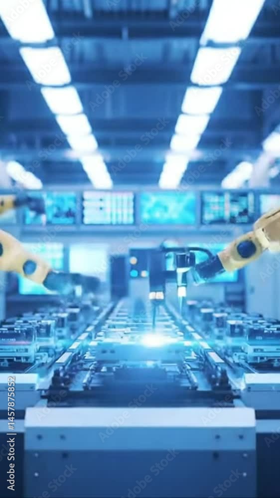 Poster automated manufacturing futuristic factory robot assembly line production system tech industry