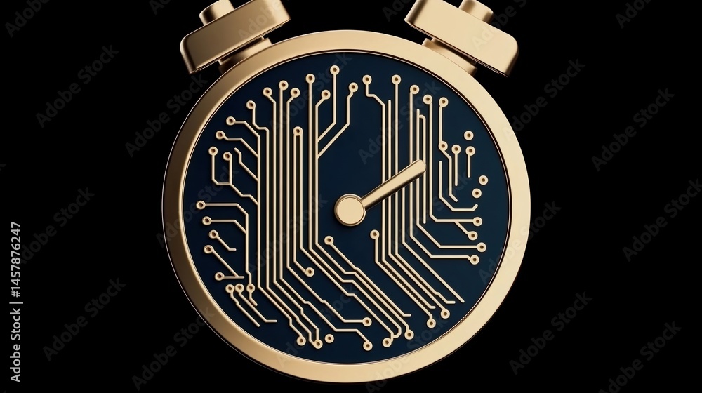 Poster a golden stopwatch with a circuit board pattern on the face, blending technology and time concepts o