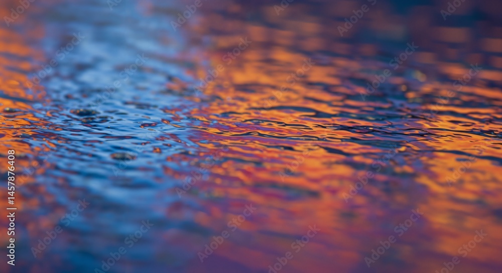 Poster close-up abstract view of a water surface with vibrant, colorful reflections creating a dynamic ripp