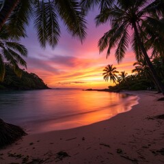 Vibrant Pink And Orange Sunset Over Tropical Beach