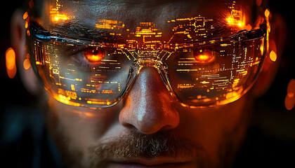 Futuristic digital glasses man wearing augmented reality interface