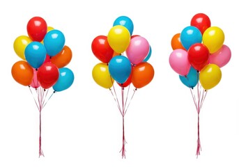 Three bunches of colorful helium balloons isolated on white background