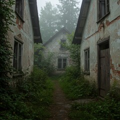 Naklejka premium Overgrown Path Between Abandoned Houses in Fog
