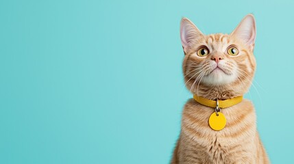 Curious orange tabby cat with a yellow collar and tag sits against a bright turquoise background.