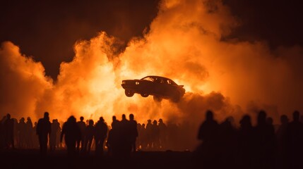 Classic car leaps through a wall of intense flames for a crowd of cheering spectators.