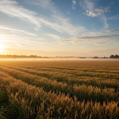 Obraz premium Golden Wheat Field at Sunrise with Fog