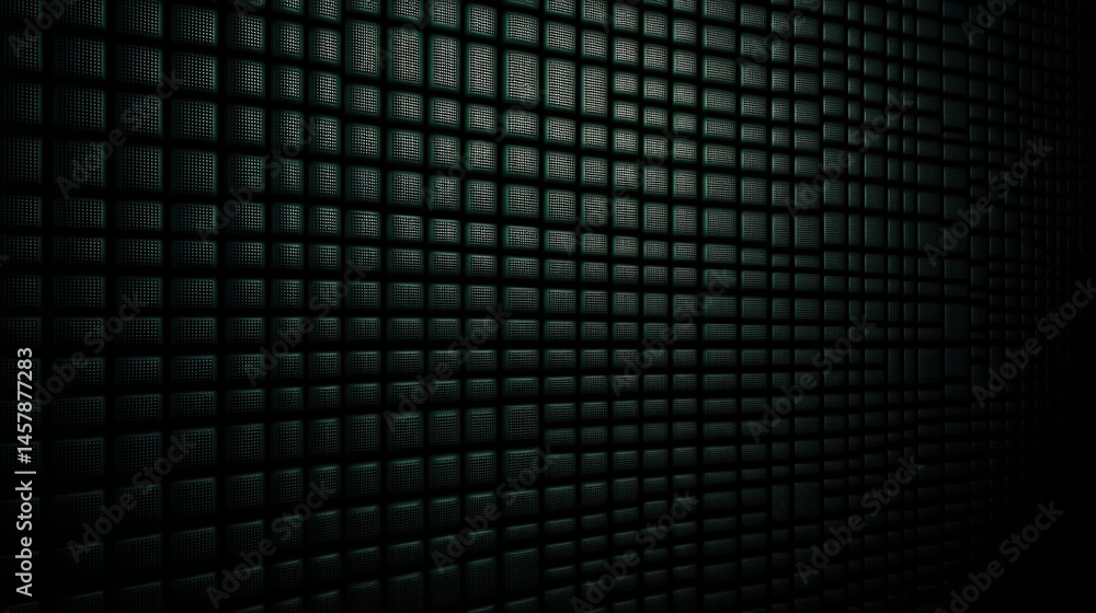 Poster a dark, abstract, grid-patterned wall with repeating square textures and subtle lighting effects.