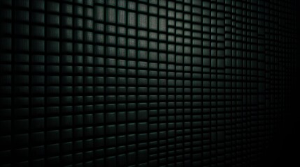A dark, abstract, grid-patterned wall with repeating square textures and subtle lighting effects.