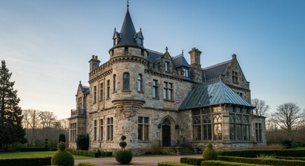 Obraz premium Grand Stone Castle with Turrets and Landscaped Gardens