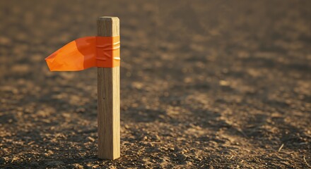 Close-up view of a wooden stake driven into the ground, marked with a bright orange flag or tape, standing in a sunlit outdoor field.