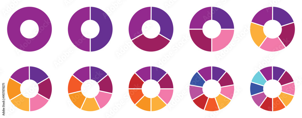 Poster pie chart infographic set. circle diagram collection with sections or parts. segmented circle icons 