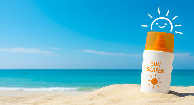 A white sunscreen bottle with bold orange cap and a label saying "Sun Screen" with a big sun icon chillin' in sandy beach background