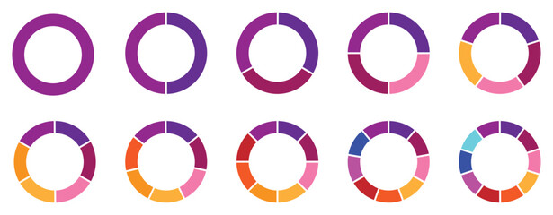 Pie chart set. Circle section graphs. Pie chart divided 1,2,3,4,5,6,7,8,9,10, equal parts. Wheel round diagram part symbol. Ring percentage diagram collection.