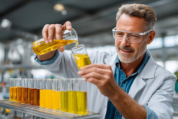 Innovative scientist conducting experiments in laboratory, pouring yellow liquid into test tubes, showcasing vibrant colors and precision