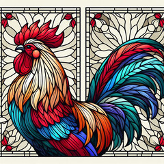 Colorful rooster design in stained glass style illustration.