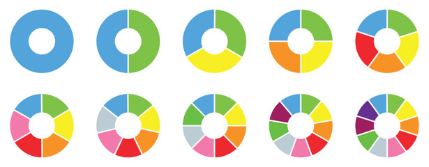 Pie chart infographic set. Circle diagram collection with sections or parts. Segmented circle icons for infographic, data analysis, web design, ui or presentation. Vector-eps 10