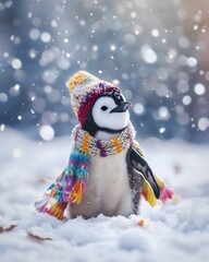 Penguin in Winter Wonderland: An adorable penguin bundled up in a colorful knitted hat and scarf, stands amidst a gentle snowfall, creating a heartwarming winter scene.
