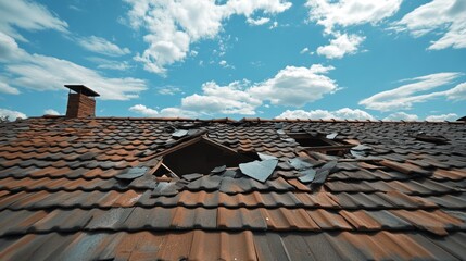 Naklejka premium Damaged tile roof and chimney