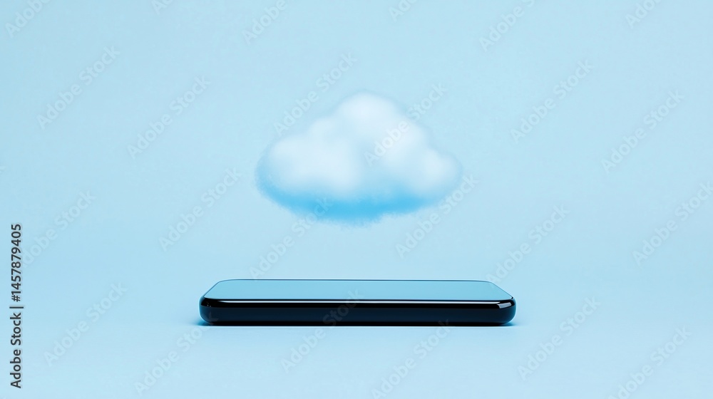 Poster a smartphone lies on a blue surface with a cloud hovering above it, symbolizing cloud computing and 
