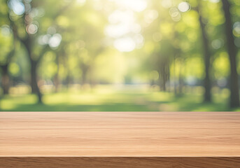 Empty wood table top with abstract blur park garden background. outside, template, autumn, old, landscape