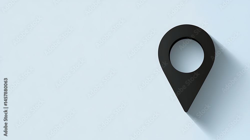 Poster black map pin icon with shadow on light blue background with copy space