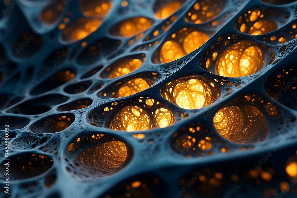 Poster intricate network of dark structures with glowing centers.