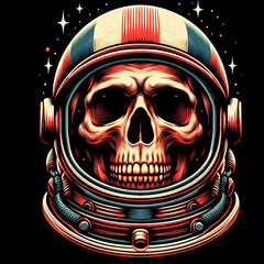 Skull in an astronaut helmet, surrounded by stars, in a graphic design.