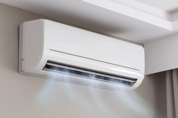 A white air conditioner unit mounted on a wall, blowing cool air into a room, providing comfort on a hot day.