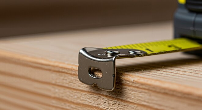 Close-up view of the metal end of a bright yellow measuring tape resting on a textured wooden surface, highlighting the tool used for accurate measurement in construction and DIY projects.