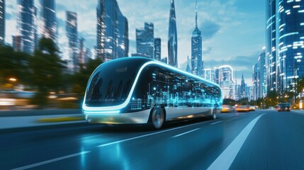 Futuristic autonomous bus driving on city road at night