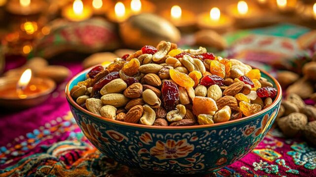 A colorful bowl of mixed nuts and dried fruit sits on a vibrant textile, illuminated by warm candlelight.