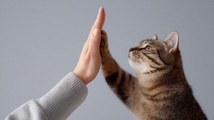 Cats doing high fives, human and cat hands, pet care, pet pictorial
