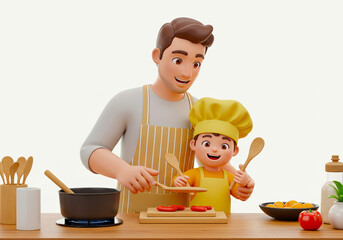 笑顔でクッキングする父と子供の3Dイラスト