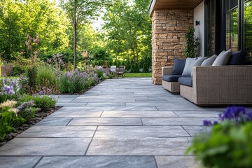 Modern patio, stone paving, garden view, luxury home