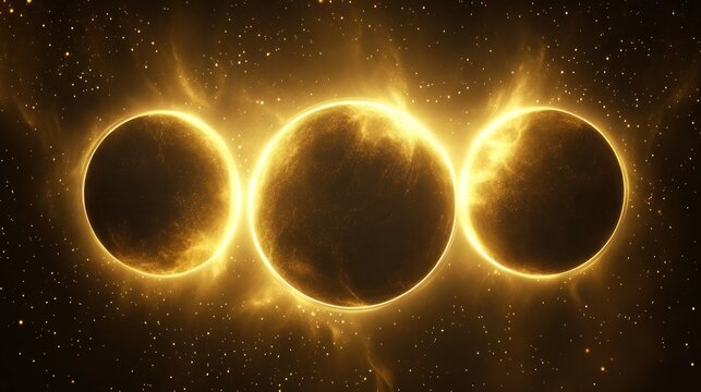 Three golden celestial orbs in space