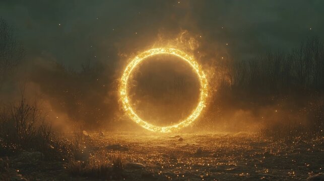 Fiery, glowing ring portal in a mystical, dark landscape
