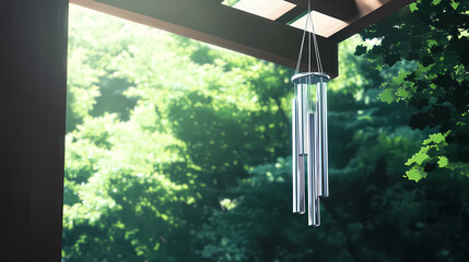 ) side angle shot, minimalist silver wind chime gently swaying from a wooden beam on a modern balcony, overlooking green treetops. [Harmonic Relics] | Radiant Overtone | glowing chime. Illustration